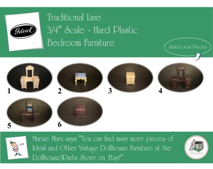 Ideal Vintage Dollhouse Furniture, 1940s-1950s Style Bedroom, 3/4” Scale Hard Plastic