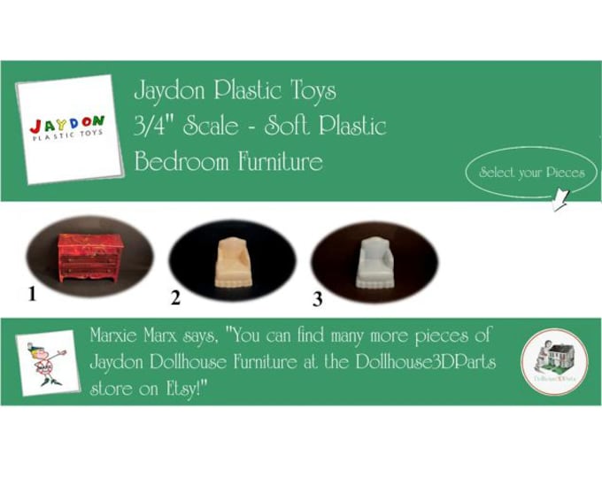 Choice JAYDON Vintage Dollhouse Bedroom Furniture, 1940s-1950s Style, 3/4" Scale, Hard Plastic