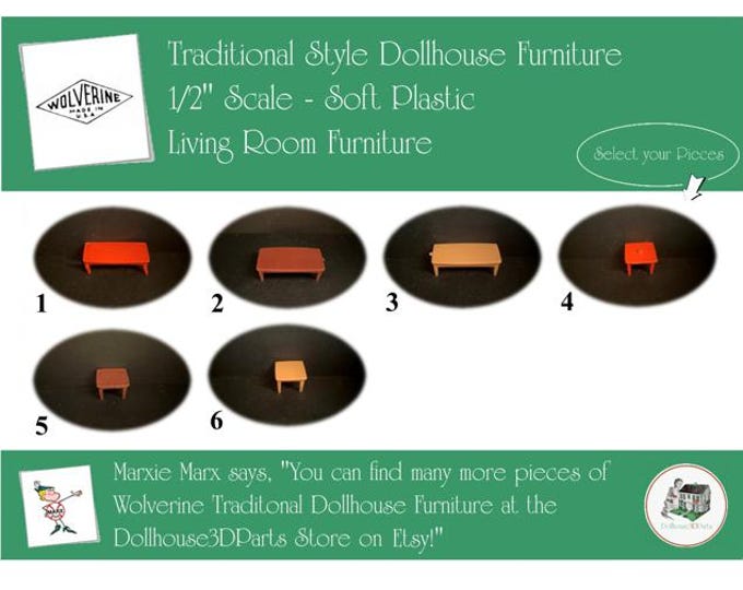 Choice WOLVERINE Vintage Dollhouse Living Room Furniture, 1960s Style, 1/2" Scale, Soft Plastic