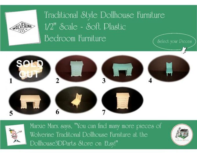 Choice WOLVERINE Vintage Dollhouse Bedroom Furniture, 1960s Style, 1/2" Scale, Soft Plastic