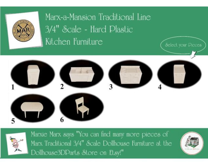 Choice MARX Vintage Dollhouse Kitchen Furniture, Marx-a-Mansion Traditional Line, 3/4" Scale, Hard Plastic