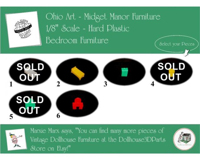Choice OHIO ART Midget Manor Vintage Bedroom Furniture, 1/8" Scale, Hard Plastic