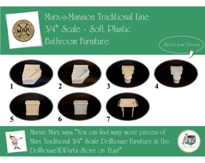Marx Vintage Dollhouse Furniture, Marx-a-Mansion Traditional Line Bathroom, 3/4" Scale, SOFT Plastic