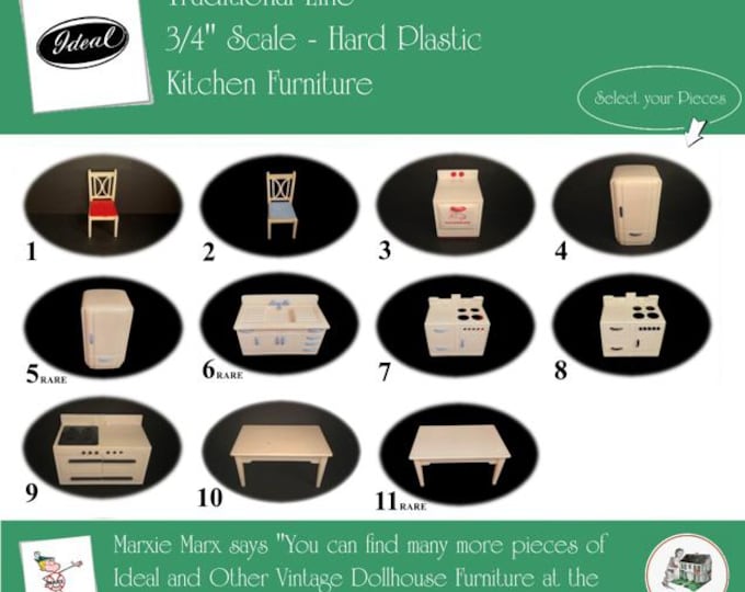 Choice IDEAL Vintage Dollhouse Kitchen Furniture, 1940s-1950s Style, 3/4” Scale, Hard Plastic