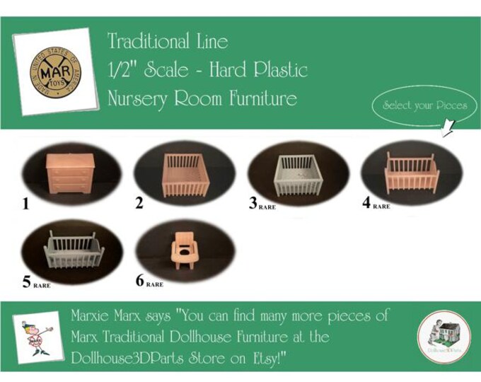 MARX Vintage Dollhouse Nursery Room Furniture, Traditional Line, 1/2" Scale, Hard Plastic