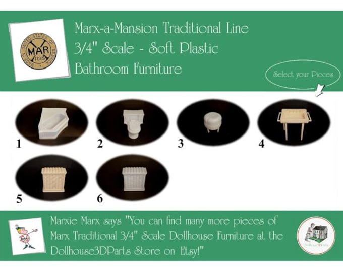Choice MARX Vintage Dollhouse Bathroom Furniture, Marx-a-Mansion Traditional Line, 3/4" Scale, Soft Plastic