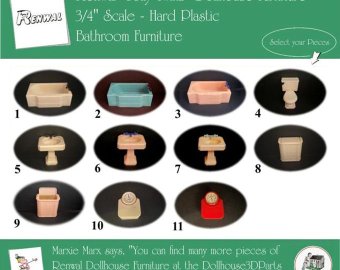 RENWAL Vintage Dollhouse Bathroom Furniture, 1940s-1950s Style, 3/4” Scale, Hard Plastic