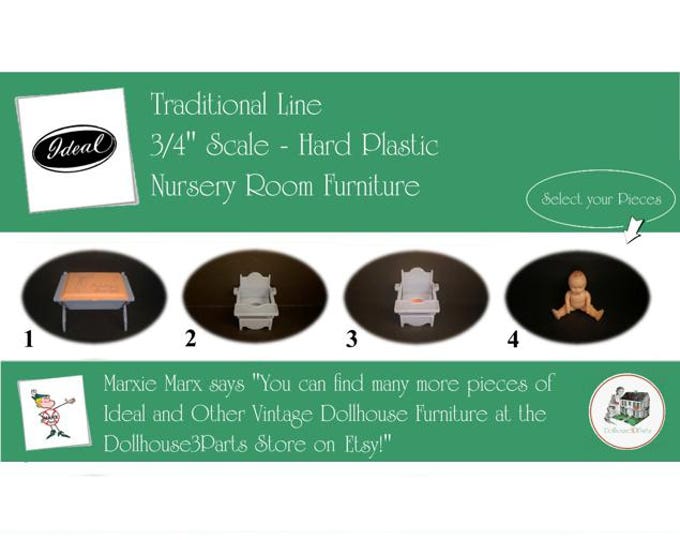 IDEAL Vintage Dollhouse Nursery Room Furniture, 1940s-1950s Style, 3/4” Scale, Hard Plastic