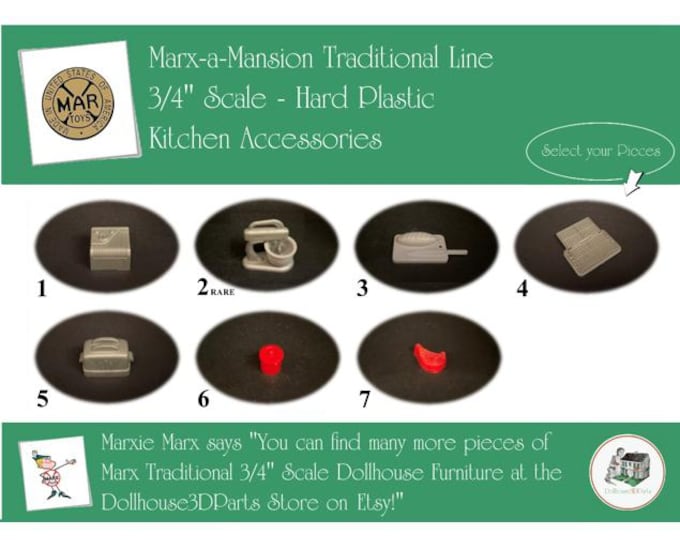 MARX Vintage Dollhouse Kitchen Accessories, Marx-a-Mansion Traditional Line, 3/4" Scale, Hard Plastic