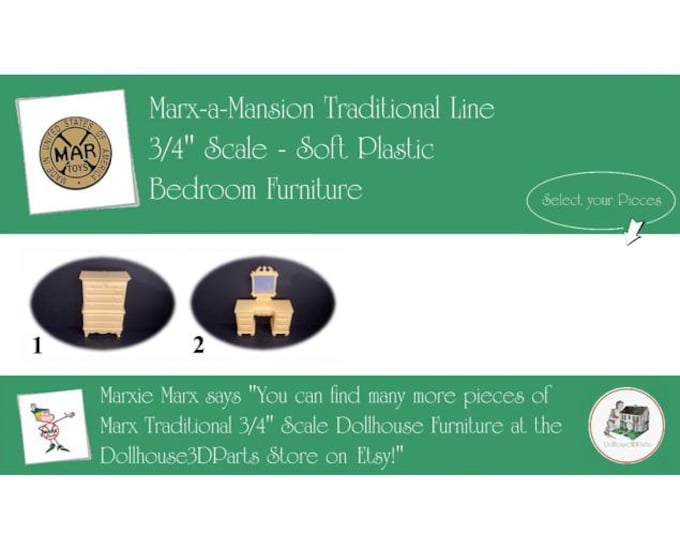 Choice MARX Vintage Dollhouse Bedroom Furniture, Marx-a-Mansion Traditional Line, 3/4" Scale, Soft Plastic