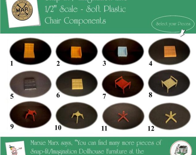 Marx Vintage Dollhouse Furniture, Snap-fit/Imagination Line Chair Components, 1/2" Scale, SOFT Plastic