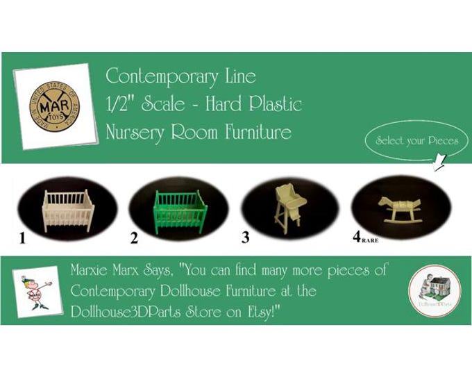 MARX Vintage Dollhouse Nursery Room Furniture, Contemporary Line, 1/2" Scale, Hard Plastic