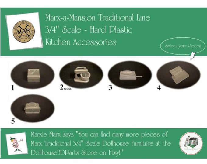 MARX Vintage Dollhouse Kitchen Accessories, Marx-a-Mansion Traditional Line, 3/4" Scale, Hard Plastic