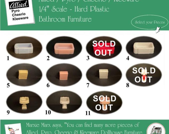 Choice ALLIED/PYRO/KLEEWARE & Cheerio Vintage Dollhouse Bathroom Furniture, 1/4" Scale, Hard Plastic