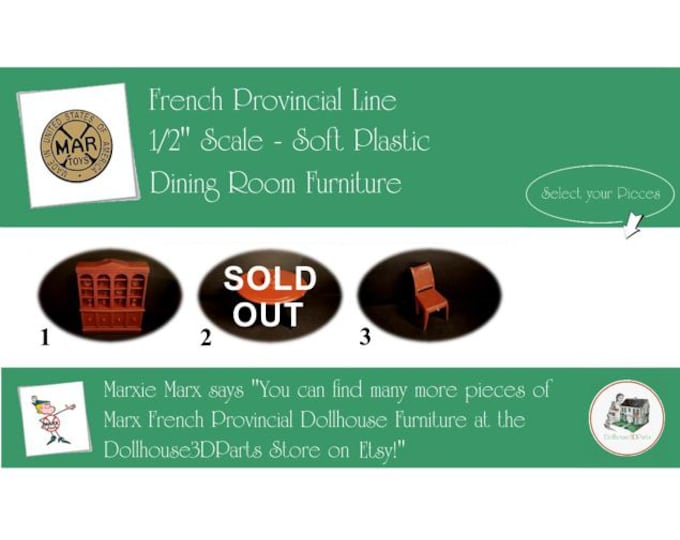 Choice MARX Vintage Dollhouse Dining Room Furniture, French Provincial Line, 1/2"Scale, Soft Plastic