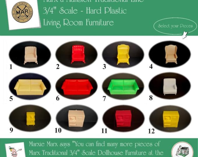 Choice MARX Vintage Dollhouse Living Room Furniture, Marx-a-Mansion Traditional Line, 3/4" Scale, Soft Plastic