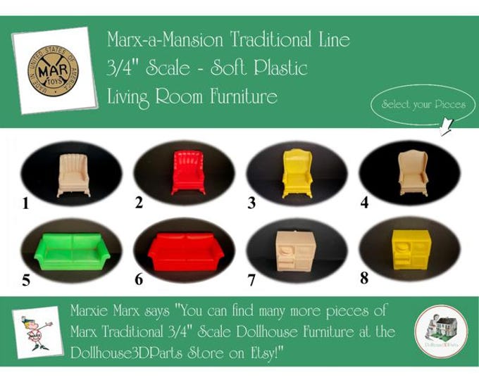 Choice MARX Vintage Dollhouse Living Room Furniture, Marx-a-Mansion Traditional Line, 3/4" Scale, Soft Plastic