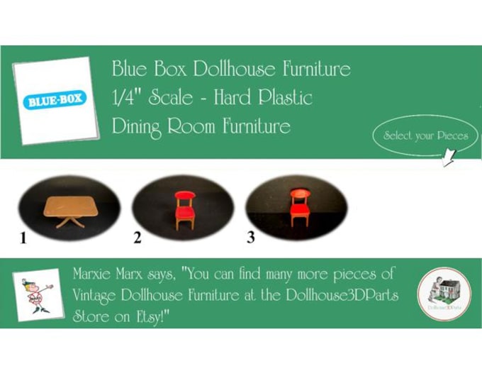 BLUE BOX Vintage Dollhouse Dining Room Furniture, 1960s Style, 1/4" Scale, Hard Plastic