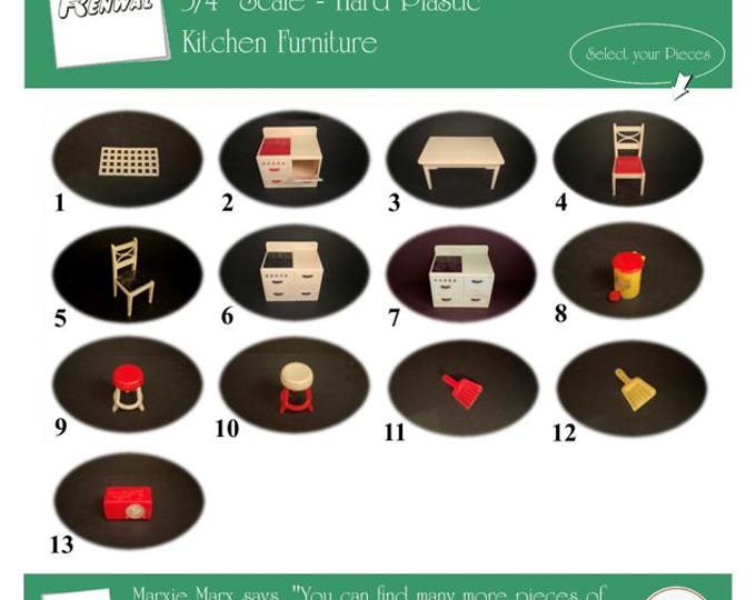RENWAL Vintage Dollhouse Kitchen Furniture, 1940s-1950s Style, 3/4” Scale, Hard Plastic