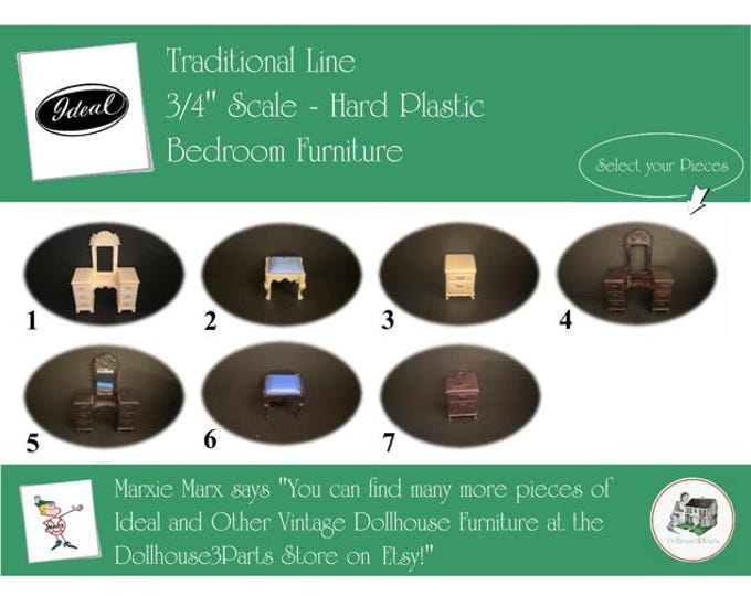 Ideal Vintage Dollhouse Furniture, 1940s-1950s Style Bedroom, 3/4” Scale Hard Plastic