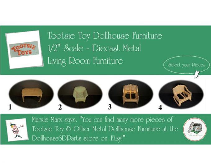 TOOTSIETOY Vintage Dollhouse Living Room Furniture, 1920s-1930s Style, 1/2” Scale, Painted Diecast Metal