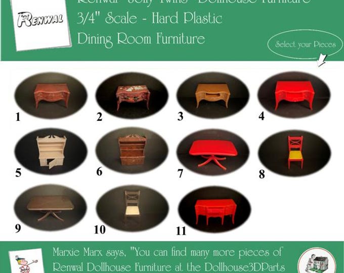 RENWAL Vintage Dollhouse Dining Room Furniture, 1940s-1950s Style, 3/4” Scale, Hard Plastic