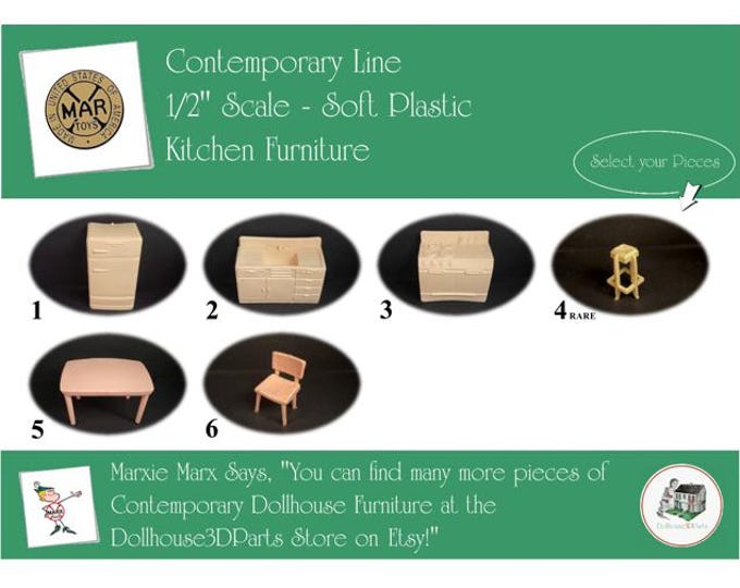 MARX Vintage Dollhouse Kitchen Furniture, Contemporary Line, 1/2" Scale, Soft Plastic