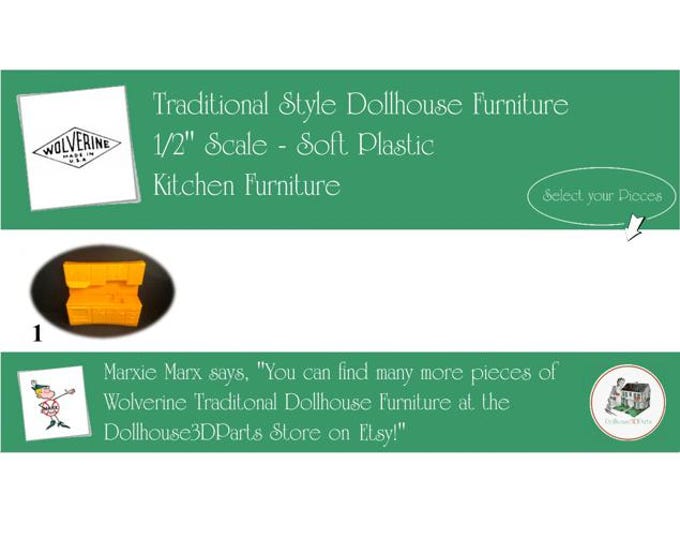 WOLVERINE Vintage Dollhouse Kitchen Furniture, 1960s Style, 1/2" Scale, Soft Plastic