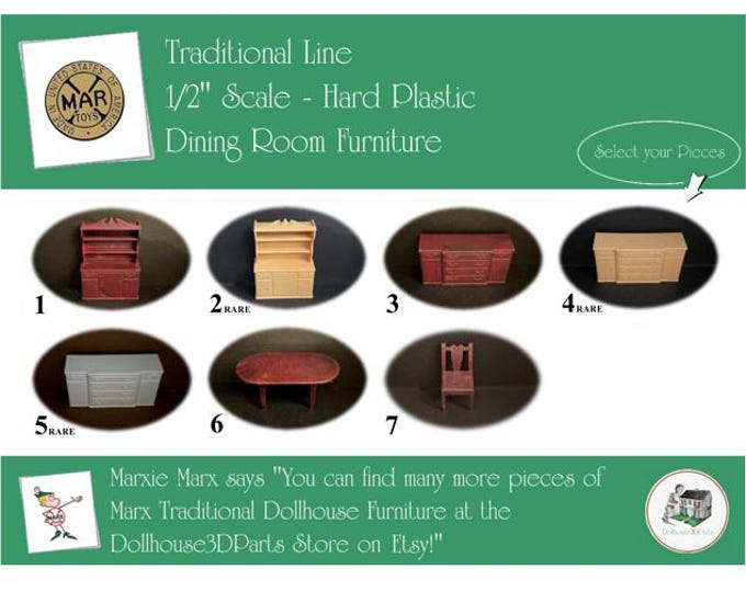MARX Vintage Dollhouse Dining Room Furniture, Traditional Line, 1/2" Scale, Hard Plastic