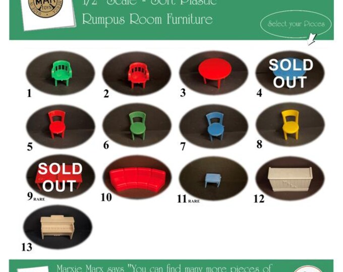 Choice MARX Vintage Dollhouse Rumpus Room Furniture, Traditional Line, 1/2" Scale, Soft Plastic