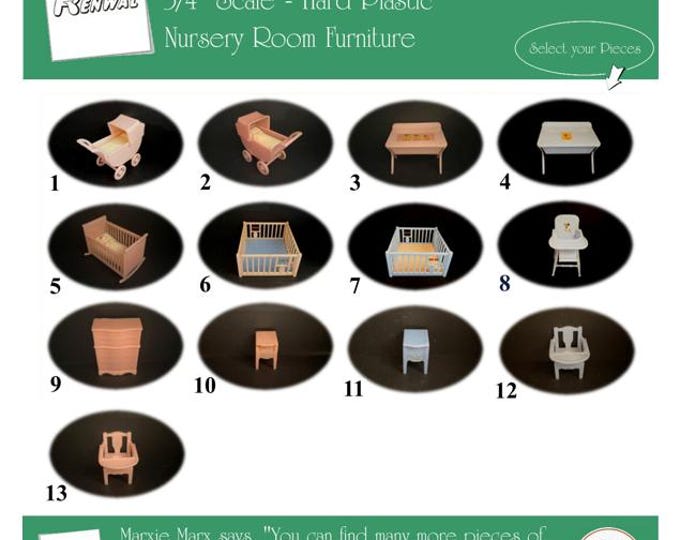 RENWAL Vintage Dollhouse Nursery Room Furniture, 1940s-1950s Style, 3/4” Scale, Hard Plastic