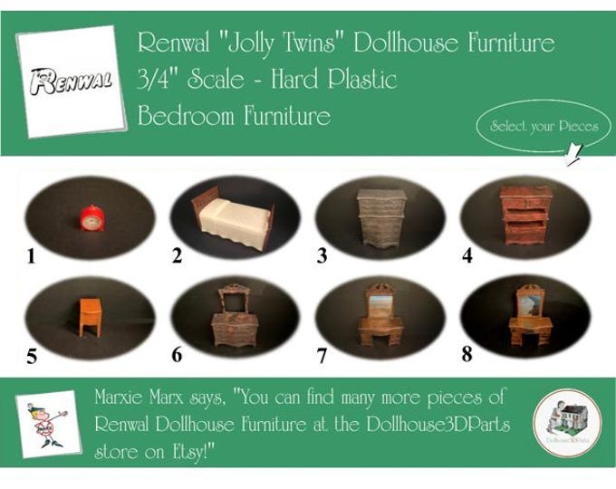 Renwal Vintage Dollhouse Furniture, 1940s-1950s Style Bedroom, 3/4” Scale Hard Plastic