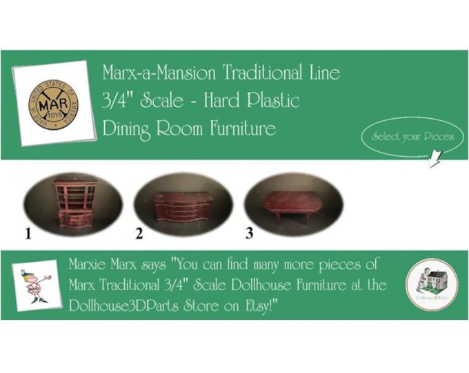 Choice MARX Vintage Dollhouse Dining Room Furniture, Marx-a-Mansion Traditional Line, 3/4" Scale, Hard Plastic