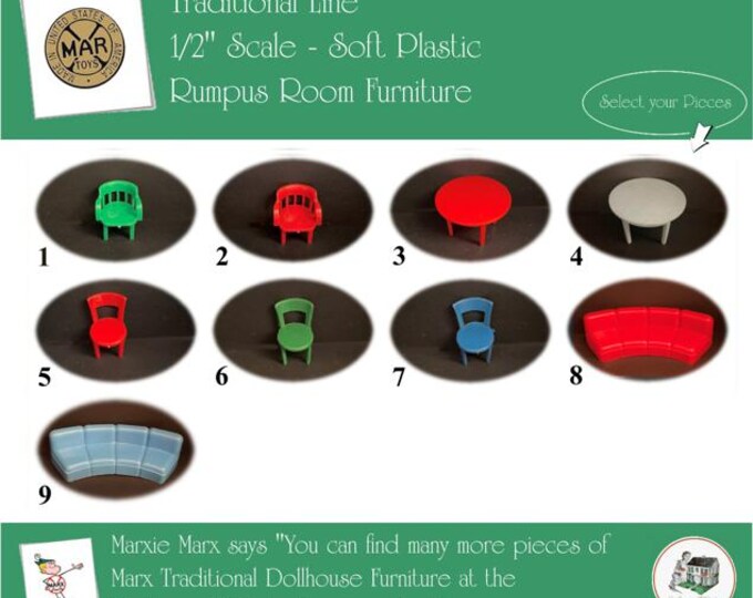 MARX Vintage Dollhouse Rumpus Room Furniture, Traditional Line, 1/2" Scale, Soft Plastic