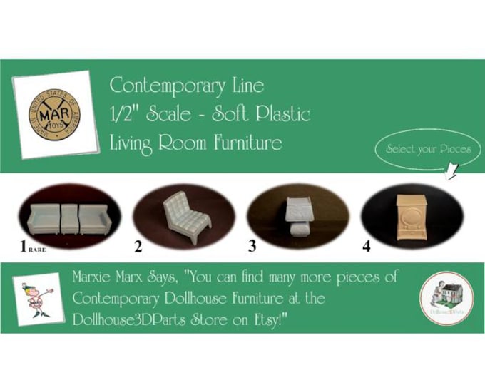 Choice MARX Vintage Dollhouse Living Room Furniture, Contemporary Line, 1/2" Scale, Soft Plastic