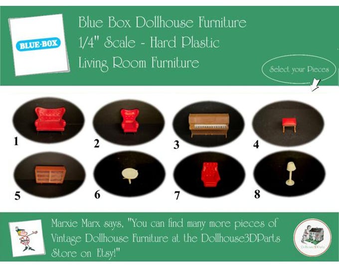 Choice BLUE BOX Vintage Dollhouse Living Room Furniture, 1960s Style, 1/4" Scale, Hard Plastic