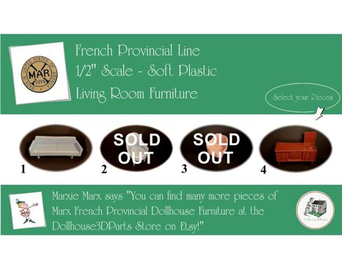 Choice MARX Vintage Dollhouse Living Room Furniture, French Provincial Line, 1/2"Scale, Soft Plastic