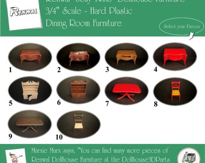 Choice RENWAL Vintage Dollhouse Dining Room Furniture, 1940s-1950s Style, 3/4” Scale, Hard Plastic