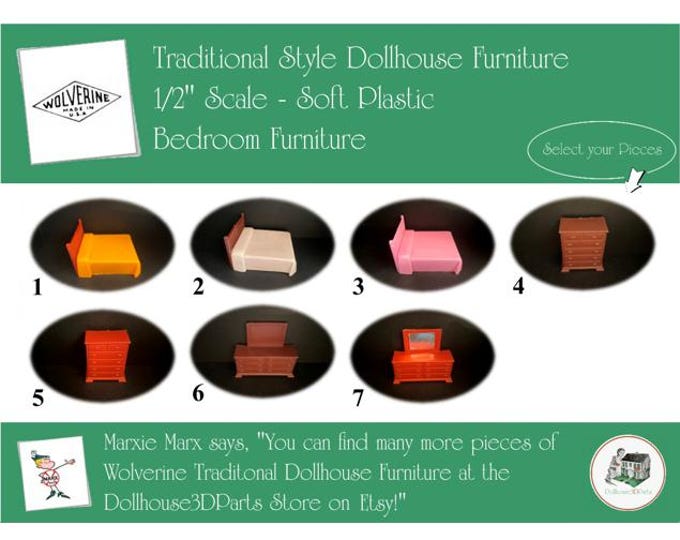 WOLVERINE Vintage Dollhouse Bedroom Furniture, 1960s Style, 1/2" Scale, Soft Plastic