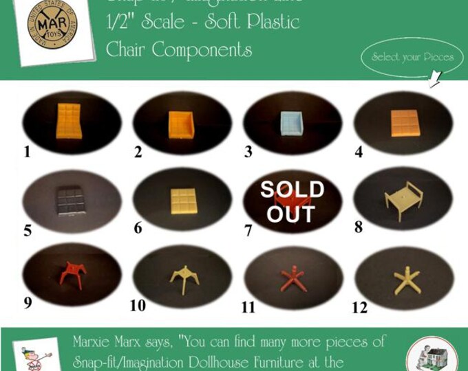 Choice MARX Vintage Dollhouse Furniture Chair Components, Snap-fit/Imagination Line, 1/2" Scale, Soft Plastic