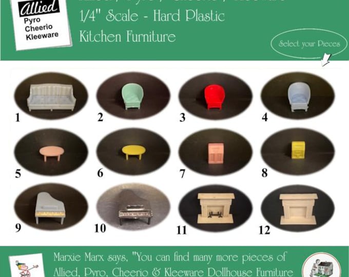 Allied / Pyro / Cheeiro / Kleeware Vintage Dollhouse Living Room Furniture, 1/4" Scale, Hard Plastic