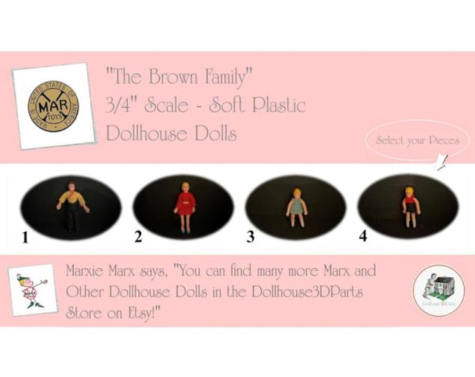 Choice MARX Vintage Dollhouse Dolls, The Brown Family, 3/4” Scale, Soft Plastic