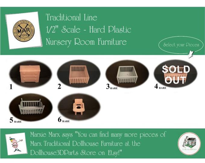 Choice MARX Vintage Dollhouse Nursery Room Furniture, Traditional Line, 1/2" Scale, Hard Plastic
