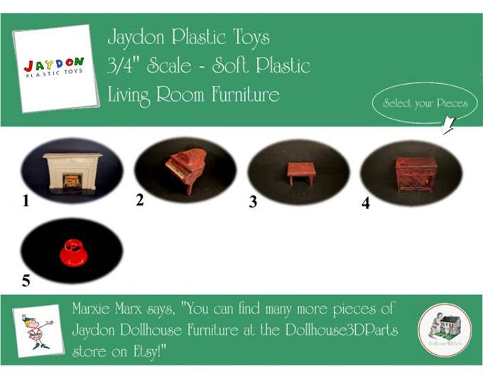 JAYDON Vintage Dollhouse Living Room Furniture, 1940s-1950s Style, 3/4" Scale, Hard Plastic