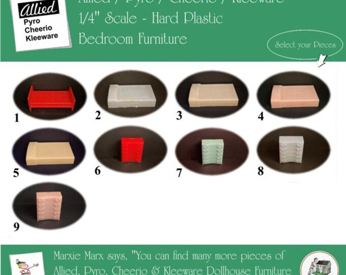 Choice ALLIED/PYRO/KLEEWARE & Cheerio Vintage Dollhouse Bedroom Furniture, 1/4" Scale, Hard Plastic