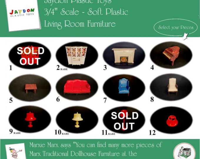 Choice JAYDON Vintage Dollhouse Living Room Furniture, 1940s-1950s Style, 3/4" Scale, Hard Plastic