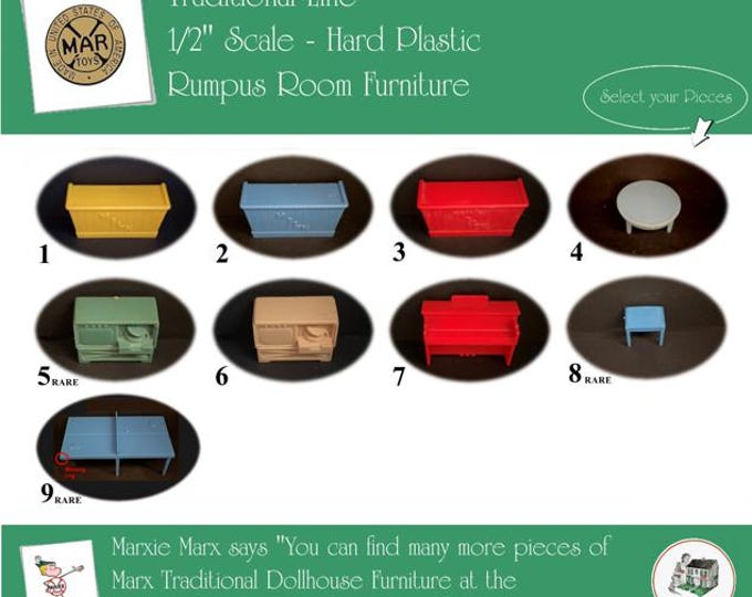 MARX Vintage Dollhouse Rumpus Room Furniture, Traditional Line, 1/2" Scale, Hard Plastic