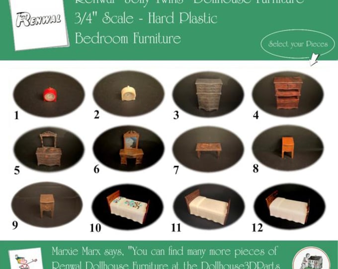 Choice RENWAL Vintage Dollhouse Bedroom Furniture, 1940s-1950s Style, 3/4” Scale, Hard Plastic
