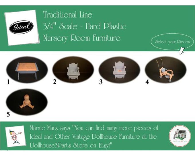 IDEAL Vintage Dollhouse Nursery Room Furniture, 1940s-1950s Style, 3/4” Scale, Hard Plastic