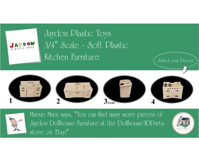 JAYDON Vintage Dollhouse Kitchen Furniture, 1940s-1950s Style, 3/4" Scale, Hard Plastic